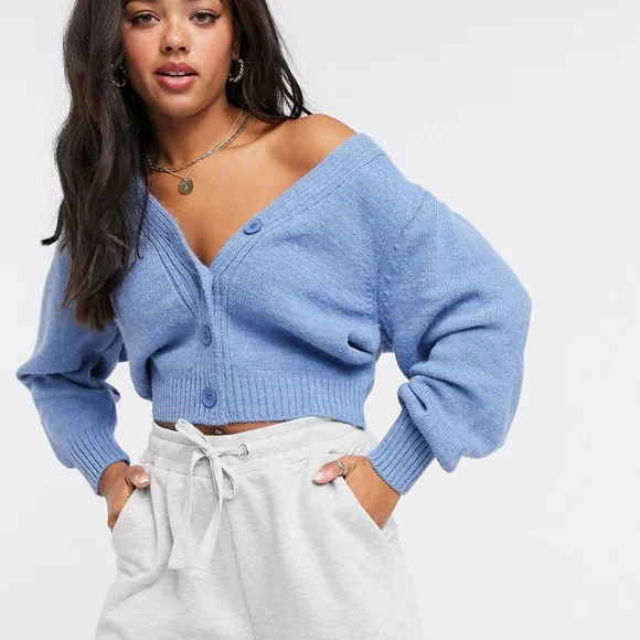 ASOS Design V-Neck Cardigan Puff Sleeve Blue UK 16 | US 12 NEW NWT - Picture 1 of 15